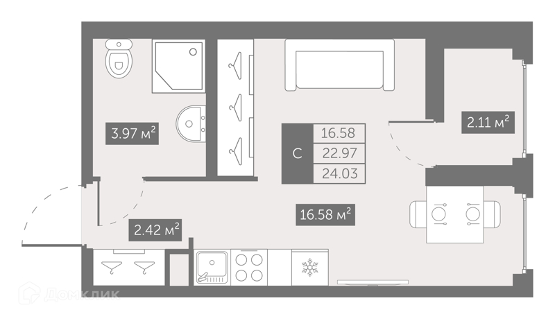Планировка: Студия · 24,02 м²