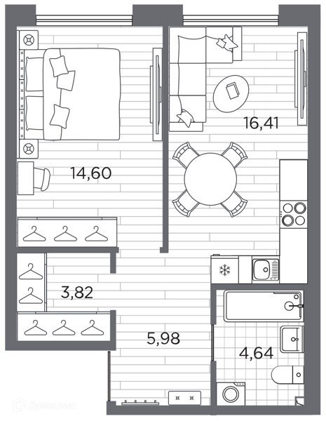 Планировка: 1 комната · 45,45 м²