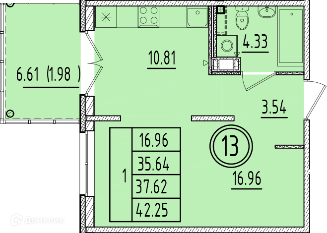 Планировка: 1 комната · 35,64 м²
