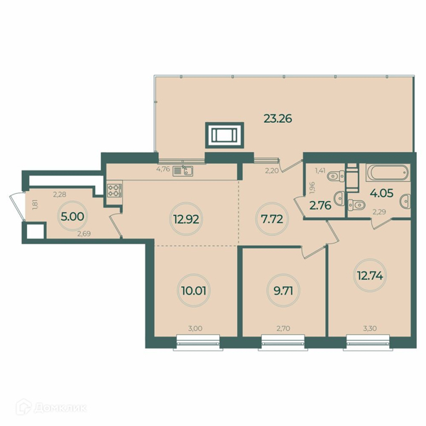 Планировка: 3 комнаты · 71,89 м²