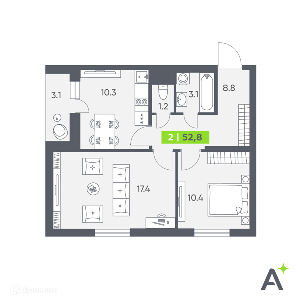 Планировка квартиры: 2 комнаты · 52,8 м²