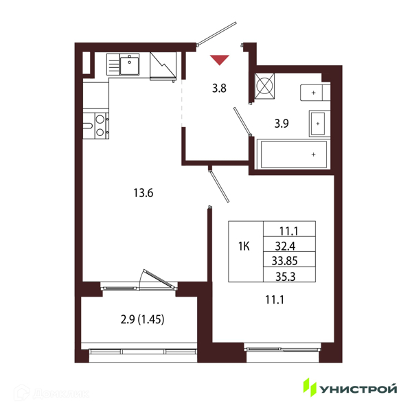 Планировка: 1 комната · 33,85 м²