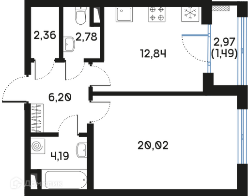 Планировка: 1 комната · 49,96 м²