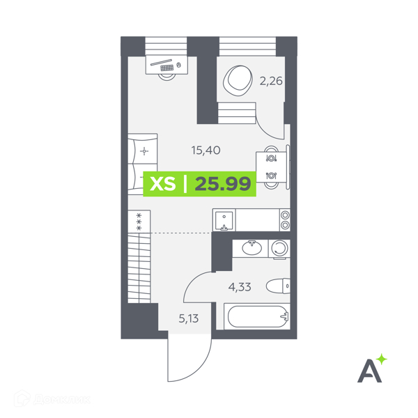 Планировка: Студия · 25,99 м²