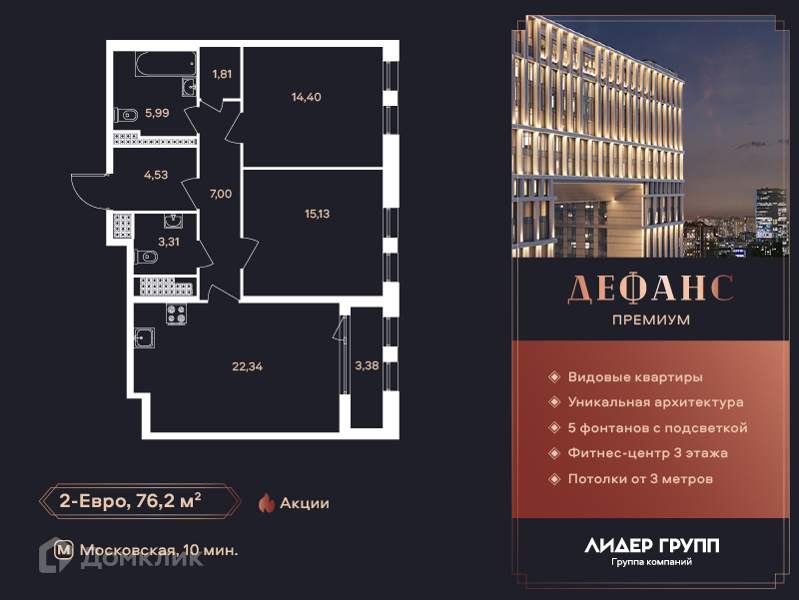 Планировка: 2 комнаты · 76,3 м²