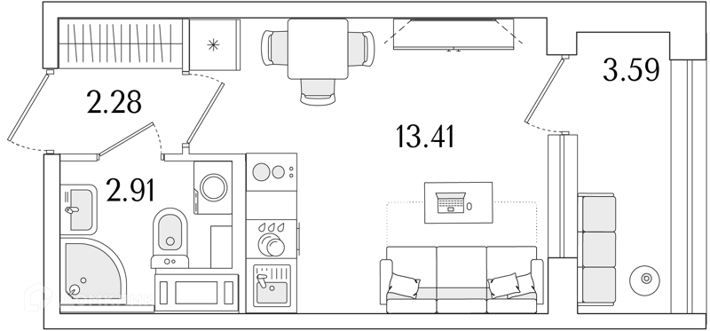 Планировка квартиры: Студия · 20,4 м²