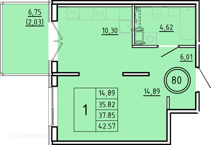 Планировка: 1 комната · 35,82 м²