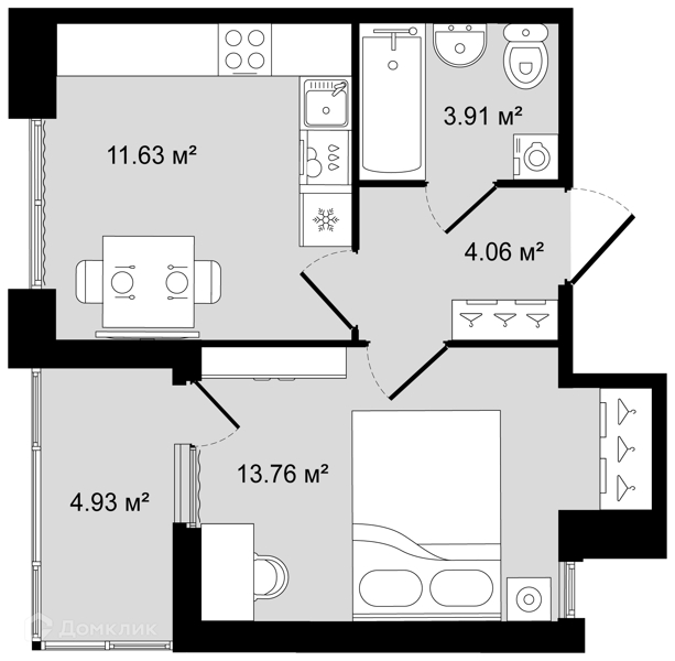 Планировка: 1 комната · 35,83 м²