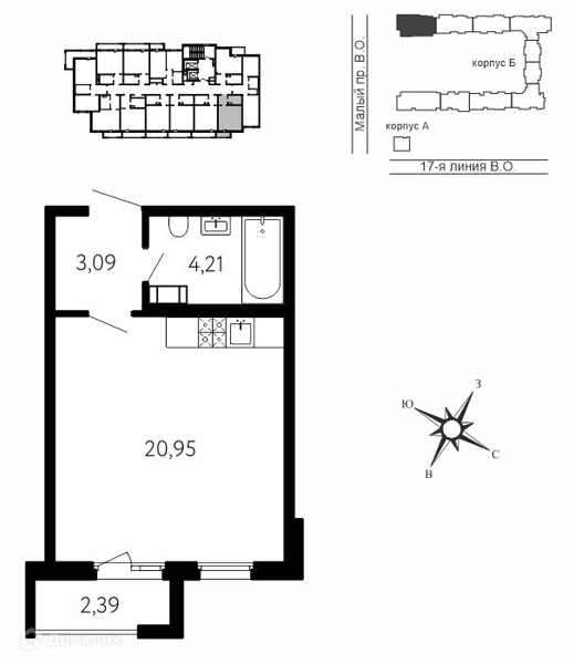 Планировка квартиры: 1 комната · 28,97 м²