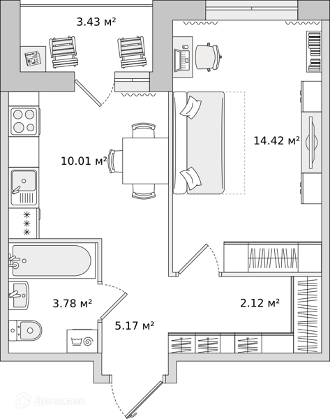 Планировка: 1 комната · 38,93 м²