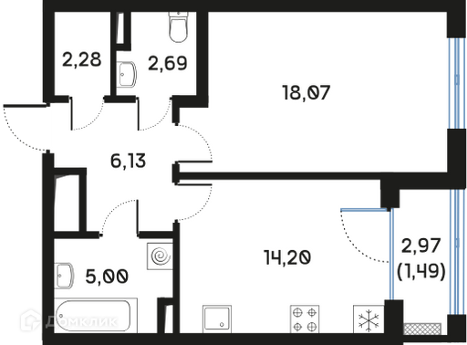 Планировка: 1 комната · 49,93 м²