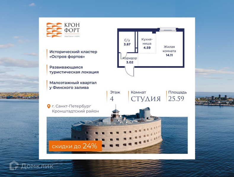 Планировка квартиры: Студия · 25,59 м²