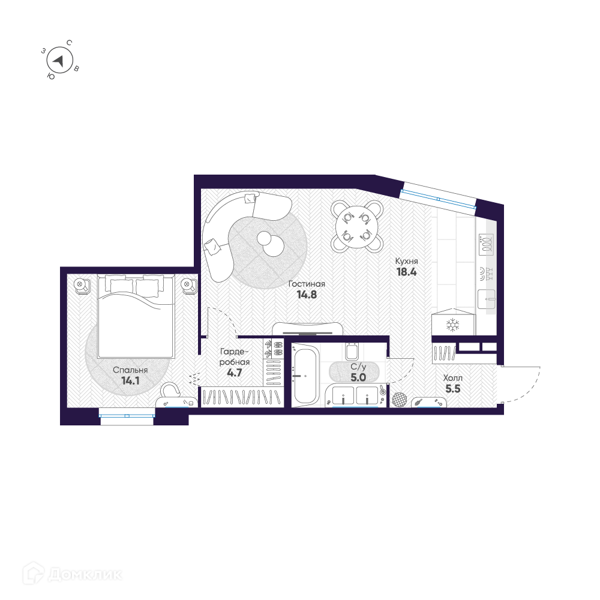 Планировка: 1 комната · 62,5 м²