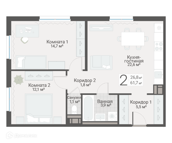 Планировка квартиры: 2 комнаты · 61,7 м²