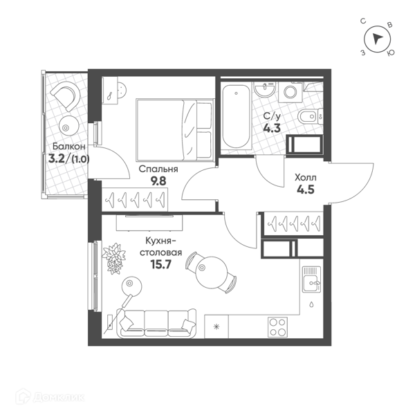 Планировка: 1 комната · 35,3 м²