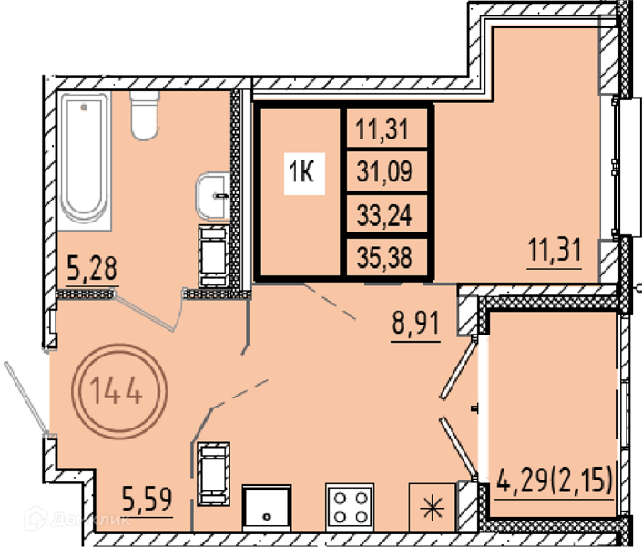 Планировка: 1 комната · 31,09 м²