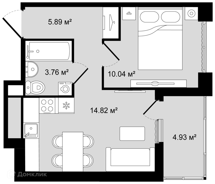 Планировка квартиры: 1 комната · 36,98 м²