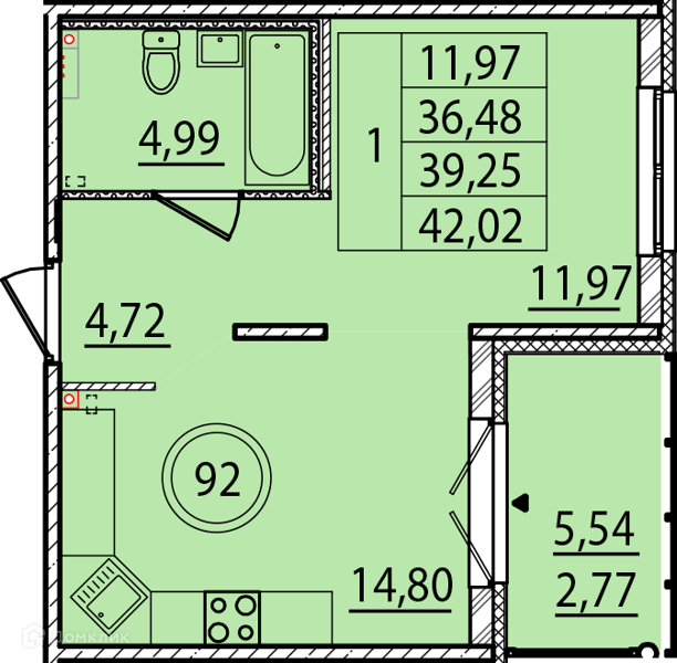 Планировка: 1 комната · 36,48 м²