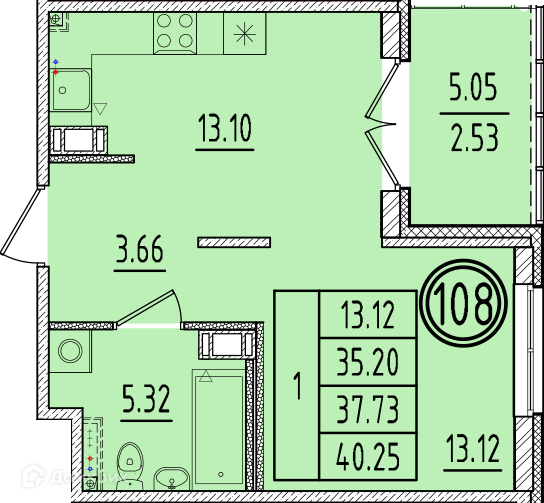 Планировка: 1 комната · 35,2 м²