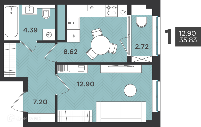 Планировка: 1 комната · 35,83 м²