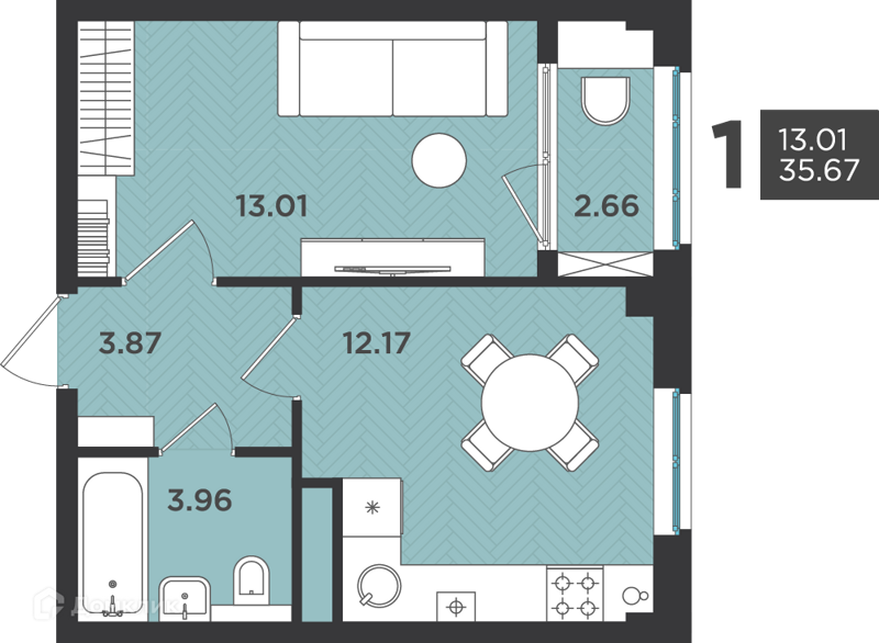Планировка: 1 комната · 35,67 м²