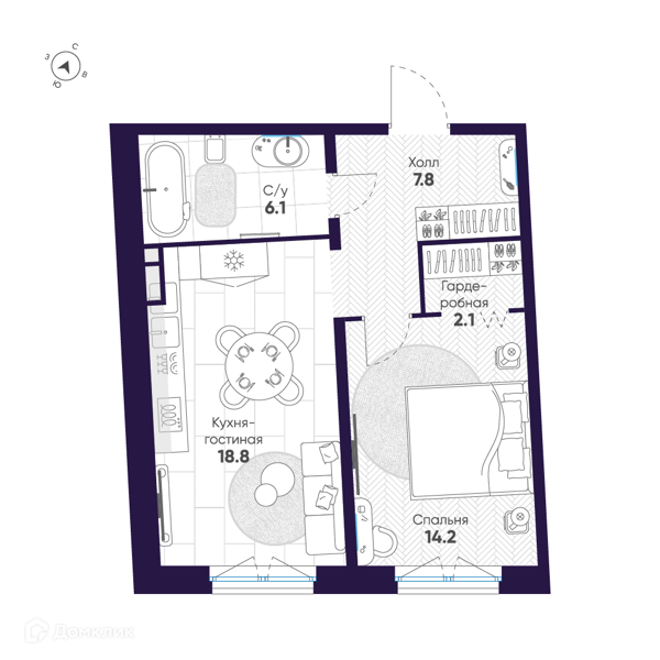 Планировка: 1 комната · 49 м²