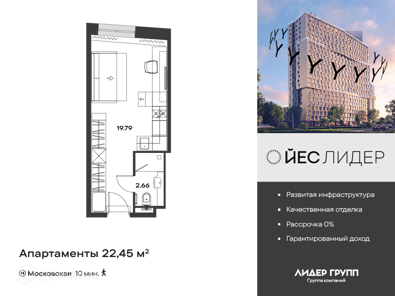 Планировка квартиры: Студия · 22,45 м²