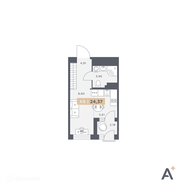 Планировка: Студия · 24,37 м²