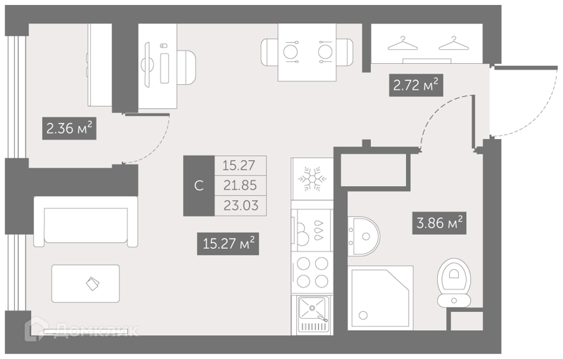 Планировка: Студия · 23,03 м²