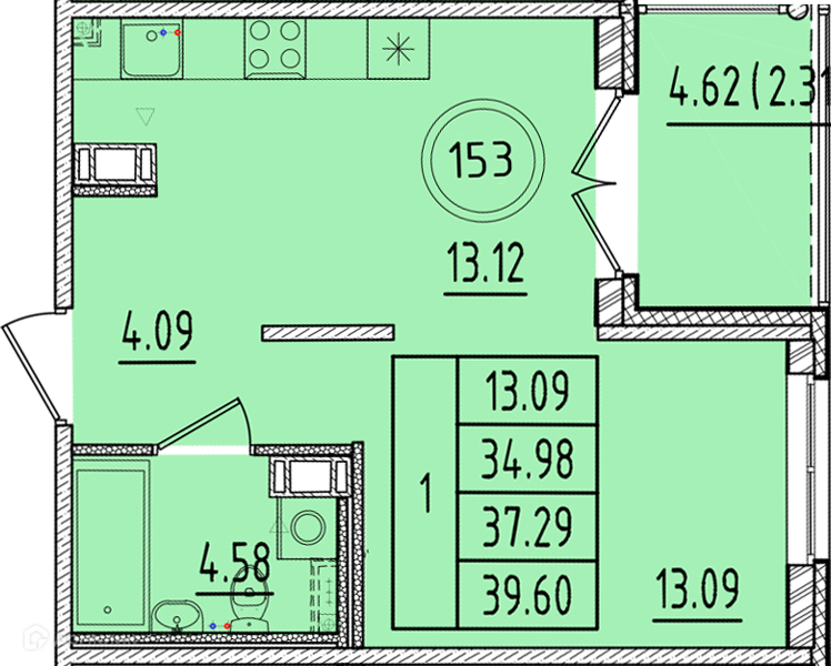 Планировка: 1 комната · 34,98 м²