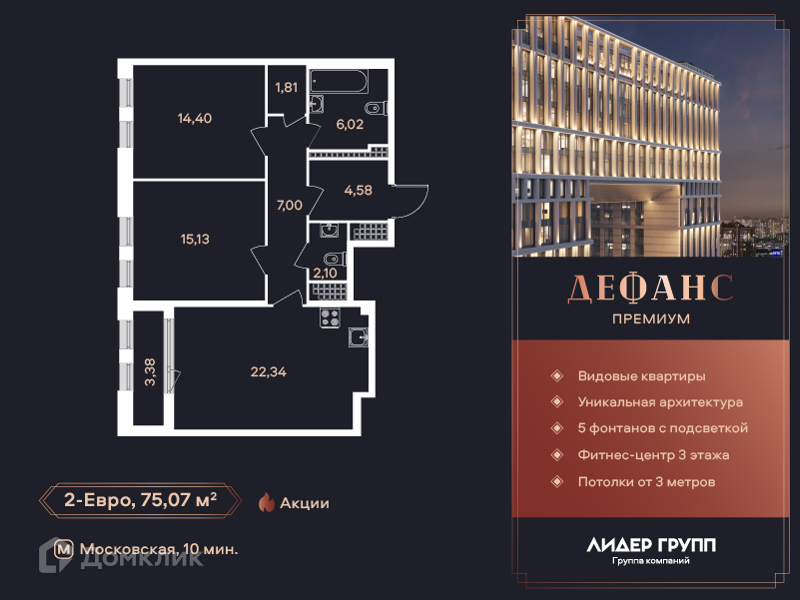 Планировка: 2 комнаты · 75 м²