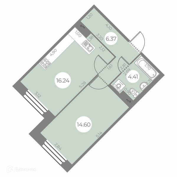 Планировка: 1 комната · 41,62 м²