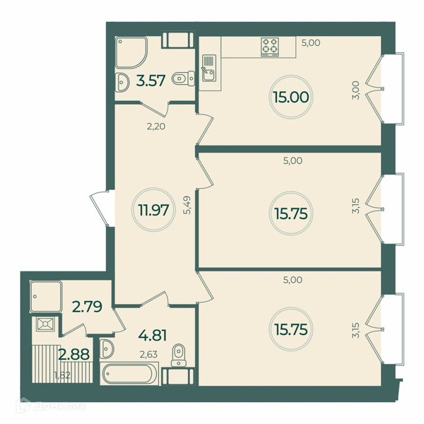 Планировка: 2 комнаты · 72,52 м²