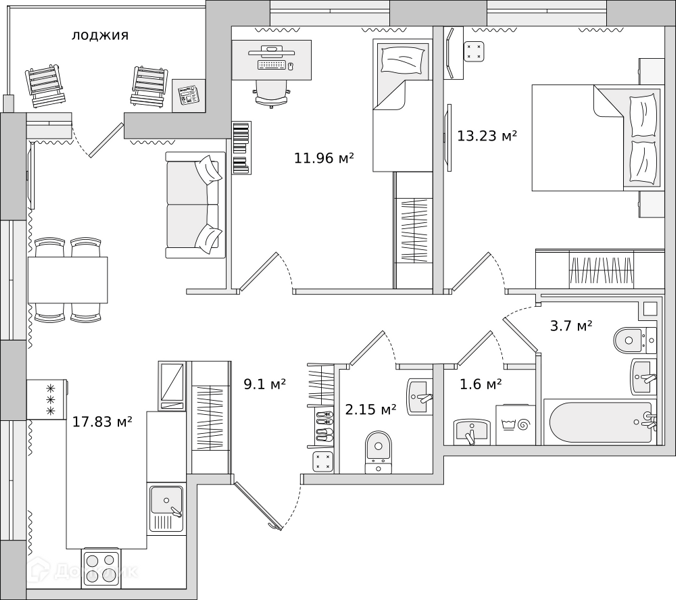 Планировка: 2 комнаты · 64,19 м²