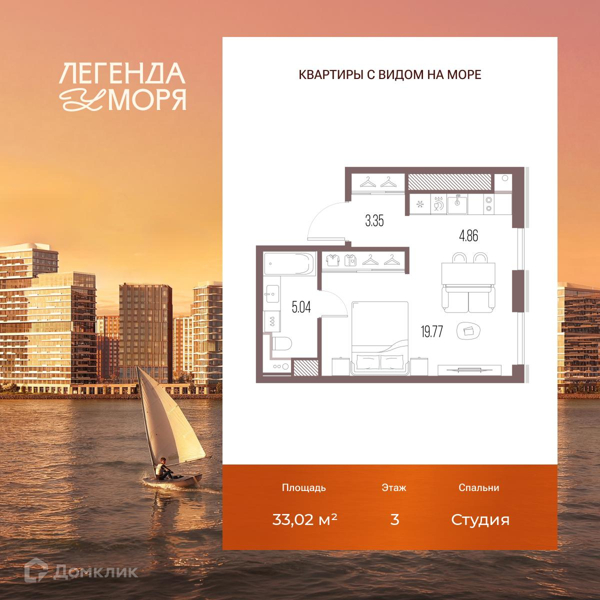 Планировка квартиры: Студия · 33,02 м²