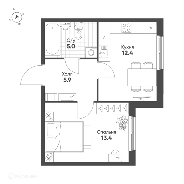 Планировка: 1 комната · 36,7 м²