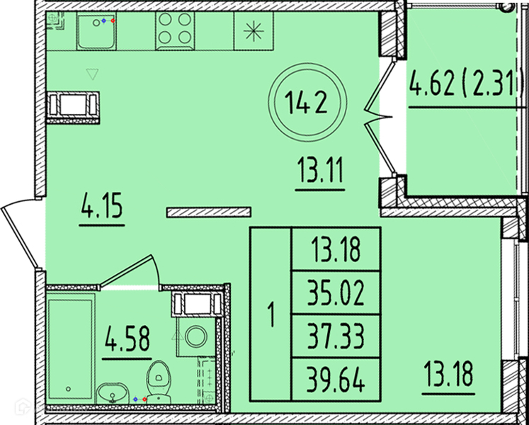 Планировка: 1 комната · 35,02 м²