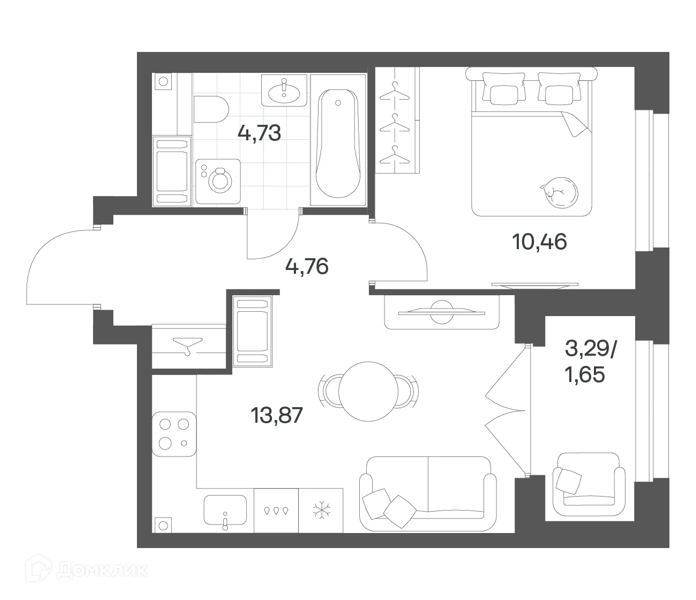 Планировка квартиры: 1 комната · 35,47 м²