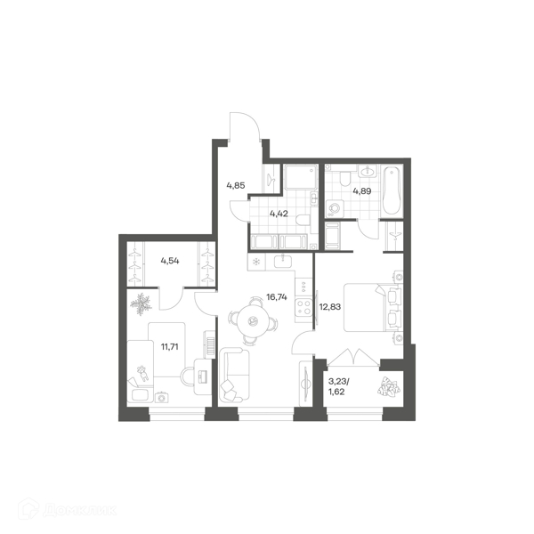 Планировка: 2 комнаты · 61,6 м²