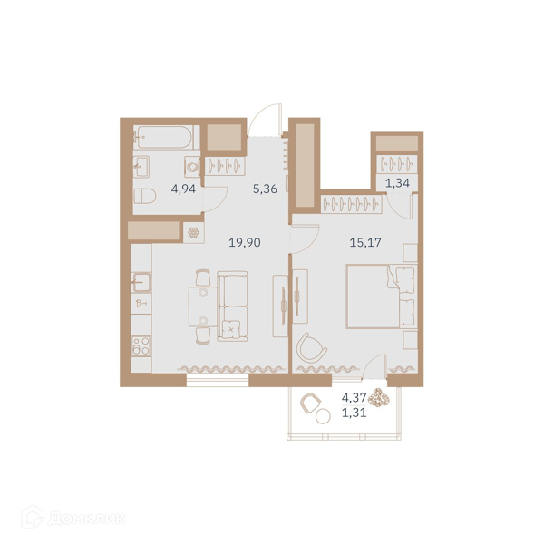 Планировка квартиры: 1 комната · 47 м²