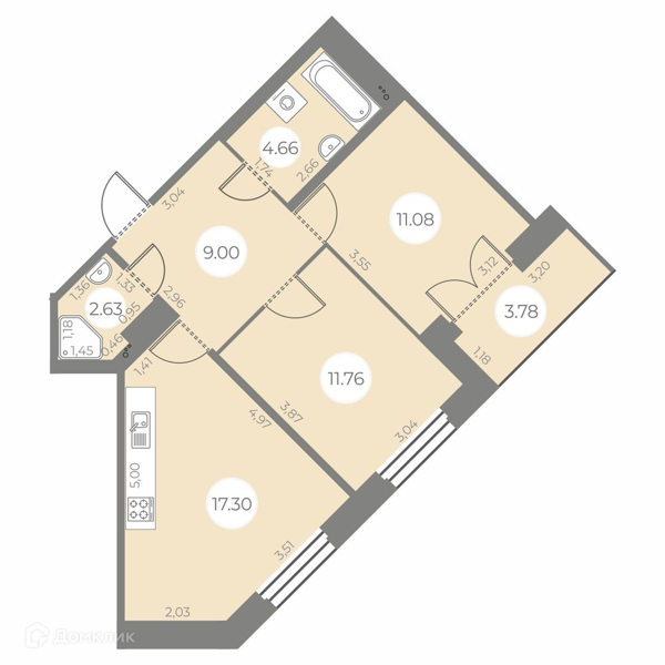 Планировка: 2 комнаты · 58,32 м²