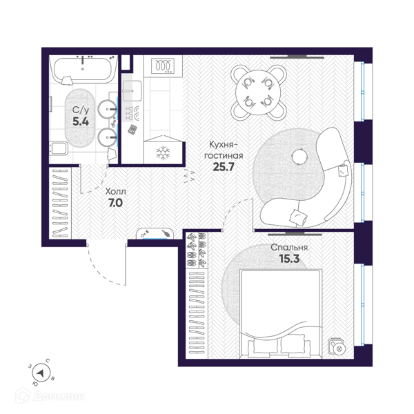 Планировка: 1 комната · 53,4 м²