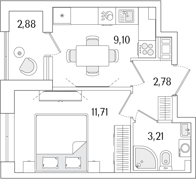 Планировка: 1 комната · 28,24 м²