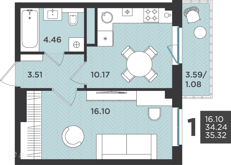 Планировка: 1 комната · 35,32 м²