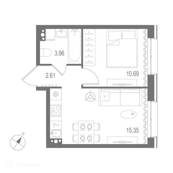 Планировка: 1 комната · 32,61 м²