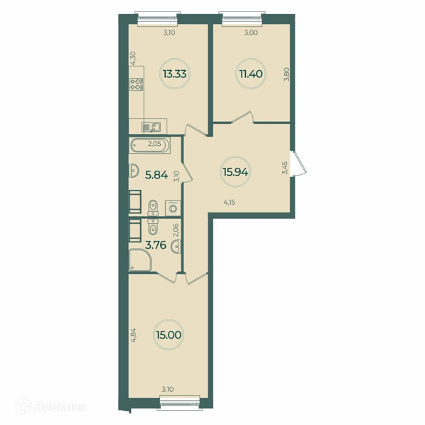 Планировка: 2 комнаты · 65,27 м²