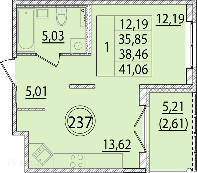 Планировка квартиры: 1 комната · 35,85 м²
