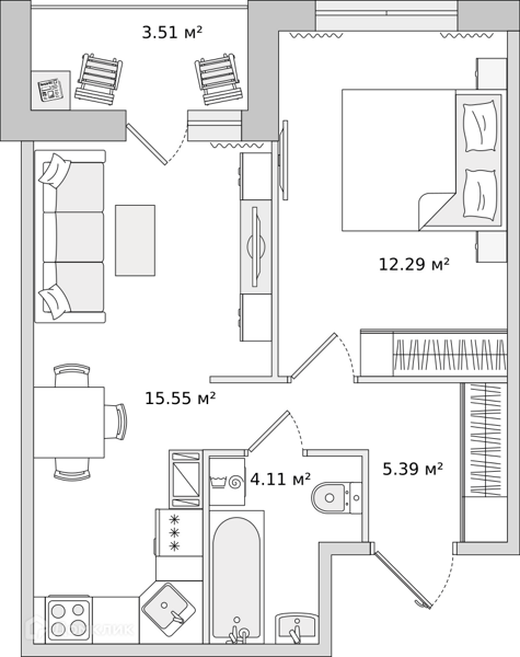 Планировка: 1 комната · 40,85 м²
