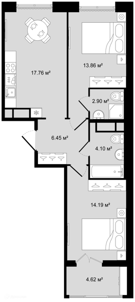 Планировка: 2 комнаты · 61,57 м²
