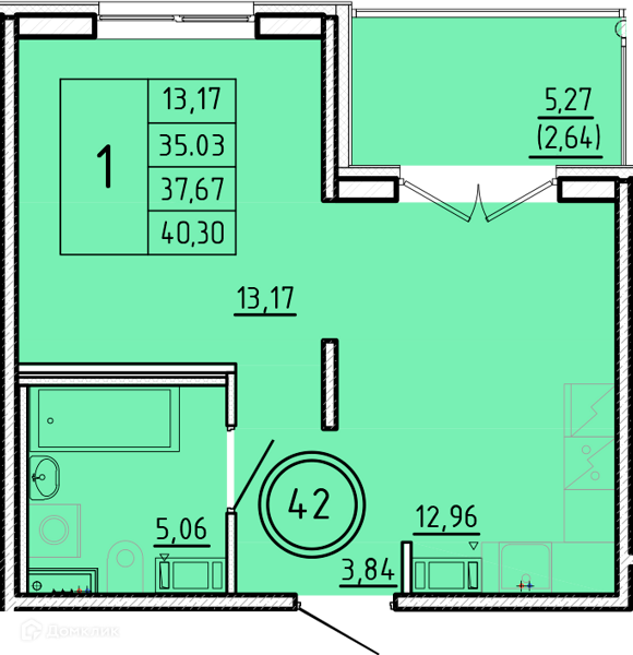 Планировка: 1 комната · 35,03 м²